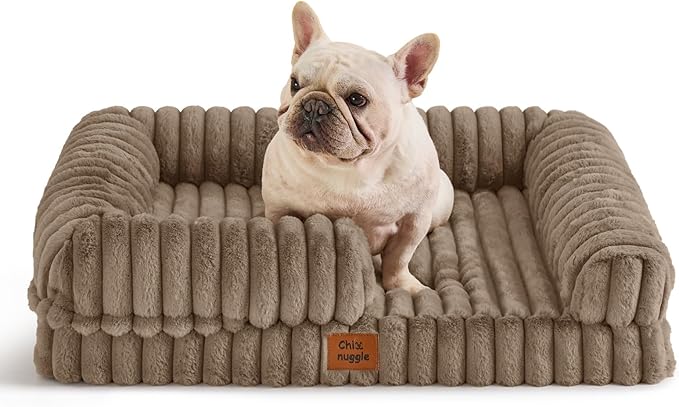 ChiXnuggle Faux Fur Orthopedic Dog Bolster Bed, Waterproof Washable Cover | rectangular dog sofa couch,egg crate foam,non-slip bottom,for small medium dogs,taupe,30*24*7,puppy bed by SnuggleUpPawsDown