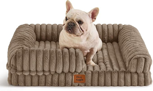 ChiXnuggle Faux Fur Orthopedic Dog Bolster Bed, Waterproof Washable Cover | rectangular dog sofa couch,egg crate foam,non-slip bottom,for small medium dogs,taupe,30*24*7,puppy bed by SnuggleUpPawsDown