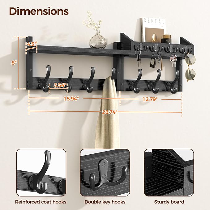 Evermagin 29" Coat Rack Wall Mount with Shelf for Entryway, Black | Wall Mounted Coat and Key Rack with Hooks, Key Holder with Mail Organizer for Wall, Living Room, Mudroom, Bedroom - Image 3