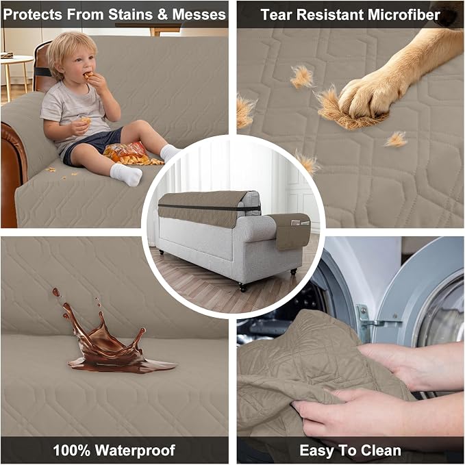 100% Waterproof Couch Cover,Straps&Pockets,pet Friendly,68" Camel | Washable sofa cover, pet-friendly, scratch-resistant furniture protector, quilted sofa cover, reversible, non-slip backing. - Image 3