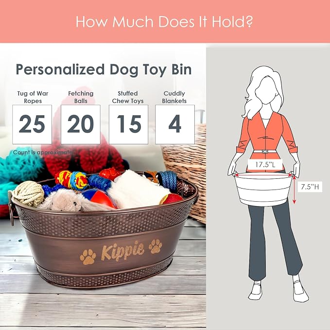 BREKX Personalized Metal Dog Toy Bin - Copper Galvanized Storage Bin with Handles, Basket for Pet Toys, Dog Toy Box, Pet Storage - Custom Dog Name Gift - Image 5