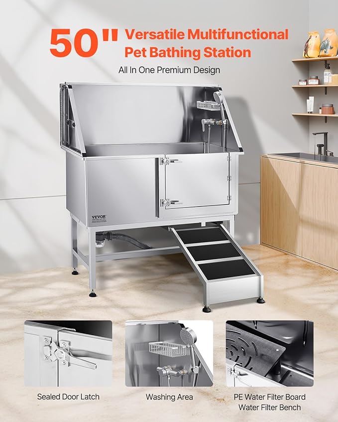 VEVOR Stainless Steel Dog Washing Station, 50 inch Pet Grooming Tub w/Ramp, PE Water Filter Board, Faucet & Showerhead & Soap Holder Dog Bathtub for Large & Medium & Small Pets (Right Door) - Image 2