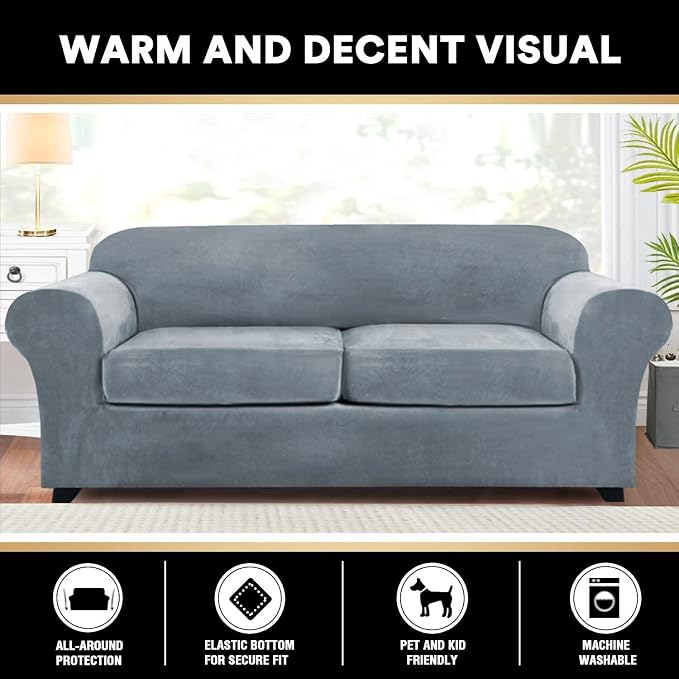 PrinceDeco Couch Cover Velvet Plush Sofa Covers for 2 Cushion Couch Width Up to 90 Inch Washable Furniture Protector Pet Friendly No Slip Sofa Slipcover(Medium-Large,Stone Blue) - Image 6