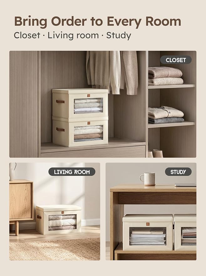 Homsorout Medium Fabric Storage bins - Collapsible Storage Bins with Open Window, 6 Pack Closet Baskets for Shelves, Stackable Decorative Boxes for Home, Dorm, Beige, 13.7"x 9.8" x 9.8" - Image 6