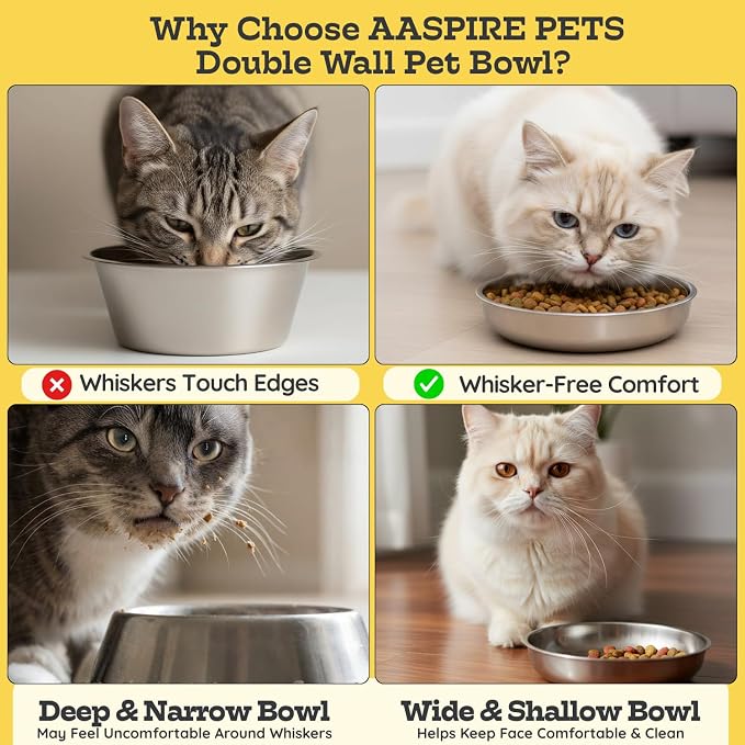 Stainless Steel Cat Food Bowl, 16 oz / 2 Cup Each, Heavy Duty Double Wall Insulated, Shallow Whisker-Friendly Design, Non-Slip Flat Base Dish for Cats & Kittens, D/W Safe (Pack of 2) - Image 4