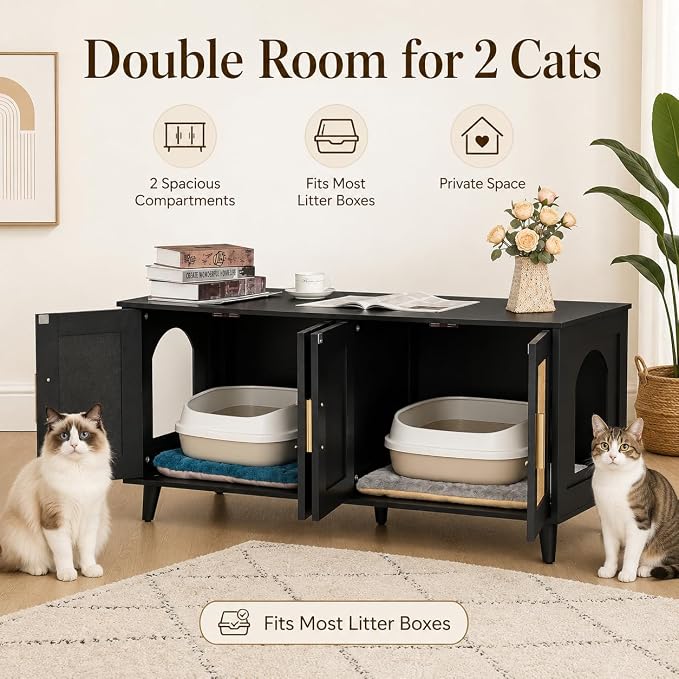 Homhedy Boho Cat Litter Box Enclosure for 2 Cats, Black and Natural | Hidden Litter Box Furniture with Double Rattan Decorated Doors, Cat Washroom, Cat House, Dog-Proof, TV Stand - Image 4