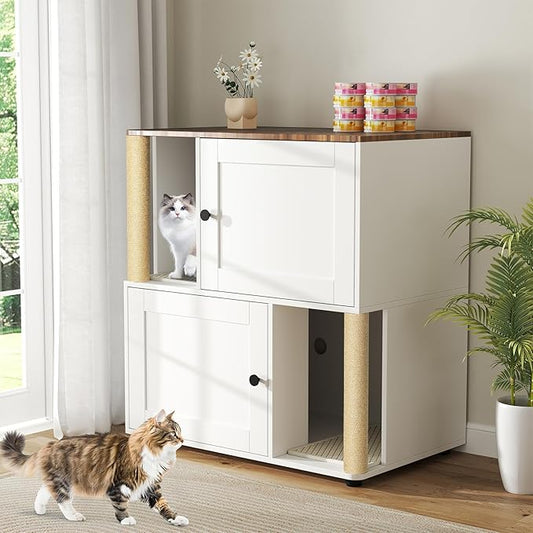 Yafylly Double Litter Box Enclosure for 2 Cats, 2-Tier Cat Litter Box Furniture with Scratching Posts & Litter Mat, Hidden Cat Litter Cabinet, Space Saving Vertical Design, Fits Most Litter Boxes by Yafylly