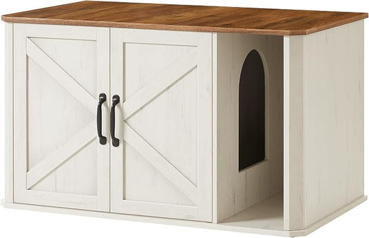 Feandrea Litter Box Enclosure, Modern Cat Litter Box Furniture Hidden, Front Entry, Double Doors, Handles, Cat House, Side End Table, 33.5 x 19 x 19.5 Inches, Honey Brown and Rustic White UPCL012K01 by FeandreabySONGMICSHOME