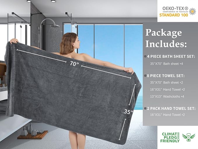 Extra Large Bath Sheet Set of 4,Ultra Soft Fluffy Towel,35”x 70”Oversized Bath Towel Set,Premium Microfiber Bathroom Towel Set Highly Absorbent Quick Dry Shower Towel for Bathroom,Hotel,Spa(Grey) - Image 6