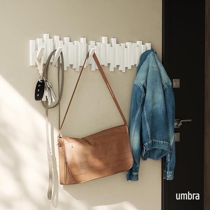 Umbra Sticks Wall Coat Rack, Wall Mount 8 Retractable Hooks, White | Modern sculptural look, holds five pounds each, fits entryways and bedrooms, easy to install, recycled plastic - Image 2