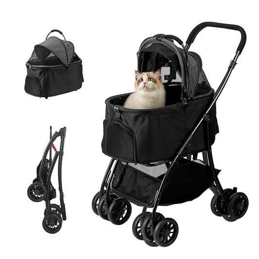 Pet Stroller Quickly Folds for Easy Storage Cat Stroller with Detachable Carrier Thickened Oxford Cloth Breathable Basket Dog Strollers for Small Dogs (Grey)