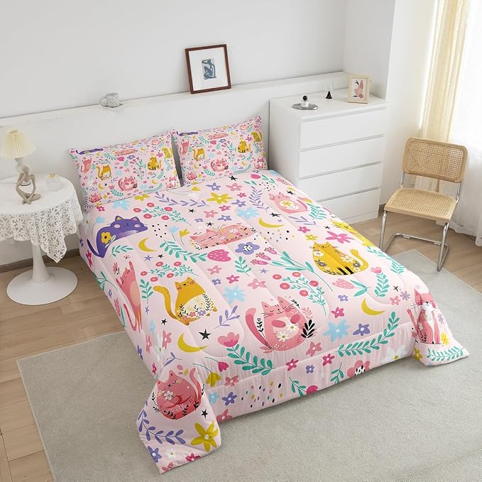 Feelyou Kids Funny Cats Bedding Set Girls Cute Flower Cartoon Kitty Kitten Comforter Set King Size Animal Theme Duvet Insert Girly Kawaii Room Pink Decor - Image 6