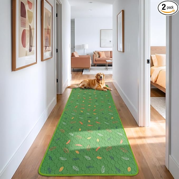 Sunheir Washable Pee Pads for Dogs Large 24" x 72" 2-Pack Reusable Puppy Pads Pet Training Pads, Absorb Dog Mats, Whelping Pad, Non-Slip Protects Against Urine Leakage, Runner Rug (Leaves - Green) by SUNHEIR