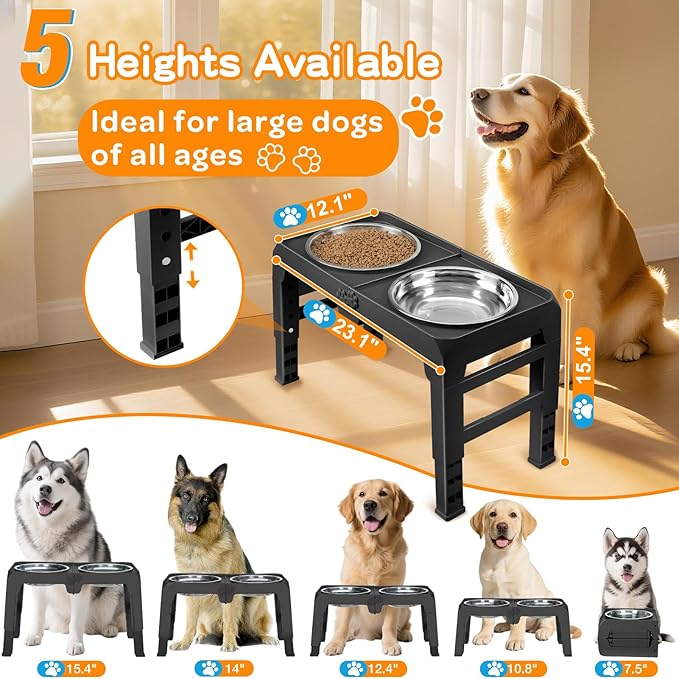 Elevated Dog Bowls for Large Dogs 5 Adjustable Heights 7.5"-15.4", 2 X-Large 10” Stainless Steel Bowls, Heavy Duty Raised Dog Bowl Stand Foldable Pet Feeder for Dogs Shoulder Height Over 15”, Black - Image 2