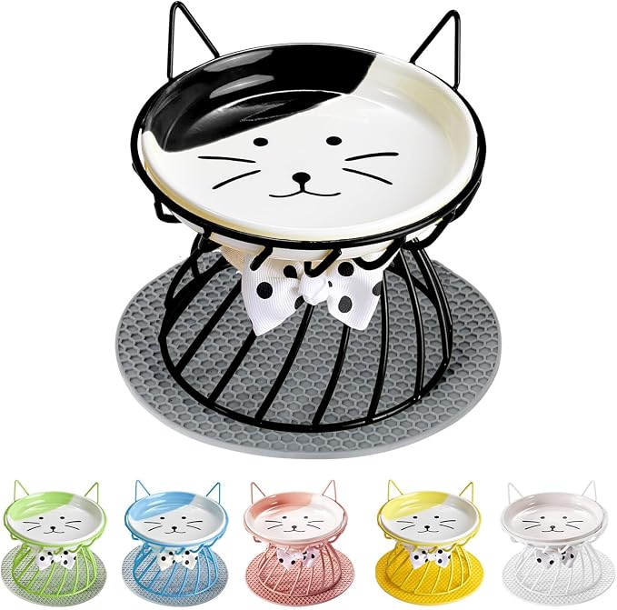 Elevated Cat Food Dish, Ceramic, Non-Slip Stand, Raised Feeding Station, 5 in, Shallow for Whiskers, Dishwasher Safe | Easy-clean Wide shallow dish for whisker comfort Non-slip by Trundisan