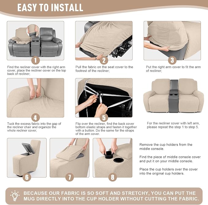 KinCam Loveseat Recliner Covers with Middle Console Slipcover, Vanilla | Stretch Recliner Sofa Covers for 2 Seat Couch Cover, Jacquard Furniture Protector Covers with Elastic Bottom for Kids, Pets - Image 6