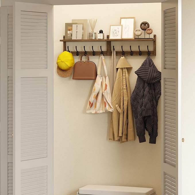 AMBIRD 34.2 inch Wooden Extra-Long Wall Hook Rack with Shelf - Versatile and Decorative Wall-Mounted Storage - 10 Hooks for Hanging Coats, Hats, Scarves - Ideal for Entryways, Bedrooms, Closets - Image 3