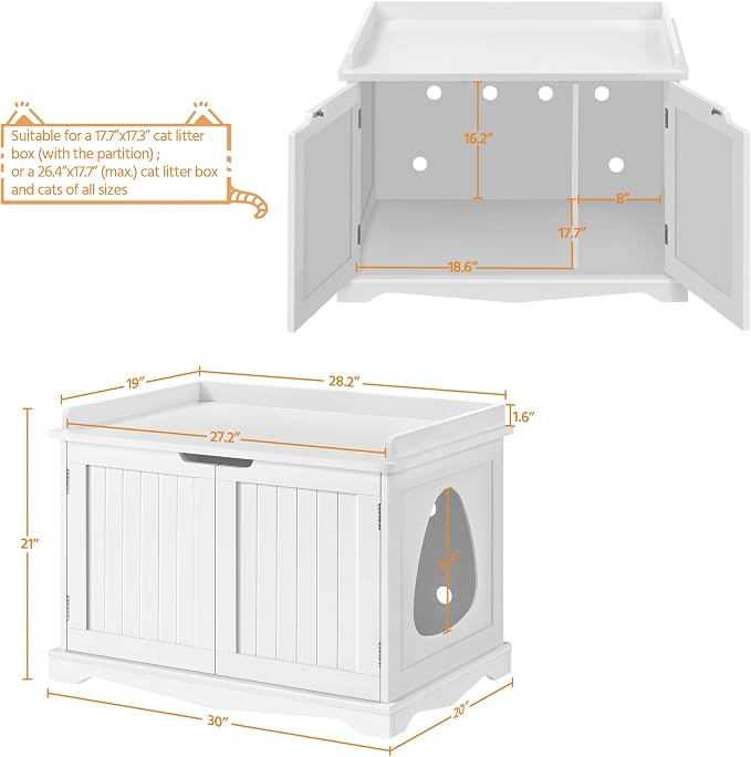 Yaheetech Cat Litter Box Enclosure, Hidden Litter Furniture, Cat Washroom, Pet Crate, Decorative Storage Bench Pet Side Table for Large Cat Kitty, White - Image 7