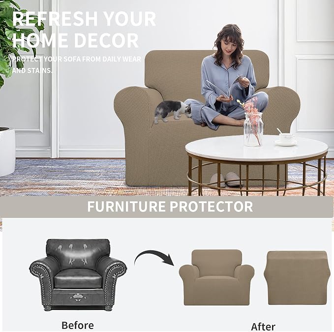 Easy-Going Stretch Oversized Chair Sofa Slipcover 1-Piece Couch Sofa Cover Furniture Protector Soft with Elastic Bottom for Kids Spandex Jacquard Fabric Small Checks Natural | 1-Piece Large chair covers armchair Furniture Protector for Living Room chai... - Image 4