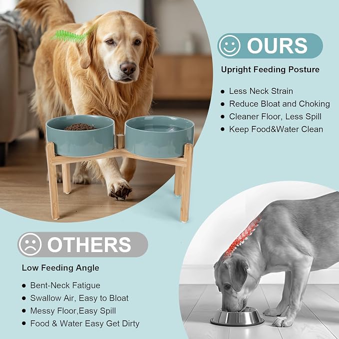 SPUNKYJUNKY Elevated Dog Bowls Ceramic, 8.3'' Dogs Food Water Bowls Raised with Non-Slip Bamboo Stand for Large Sized Breed Microwave Dishwasher Safe - 60 OZ,Dark Green - Image 3