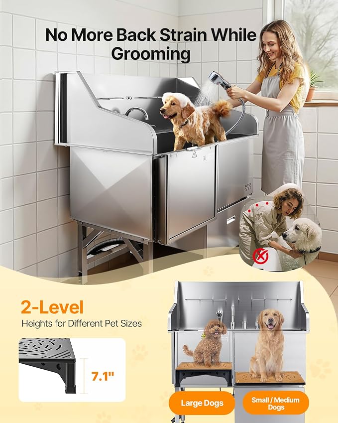 VEVOR Dog Bath Tub, Professional 50 Inch 304 Stainless Steel Dog Washing Station Anti-Slip Ramp & Storage Drawer, Hot Cold Water Faucet and Showerhead for Large Medium Small Dogs (Left Door) - Image 3