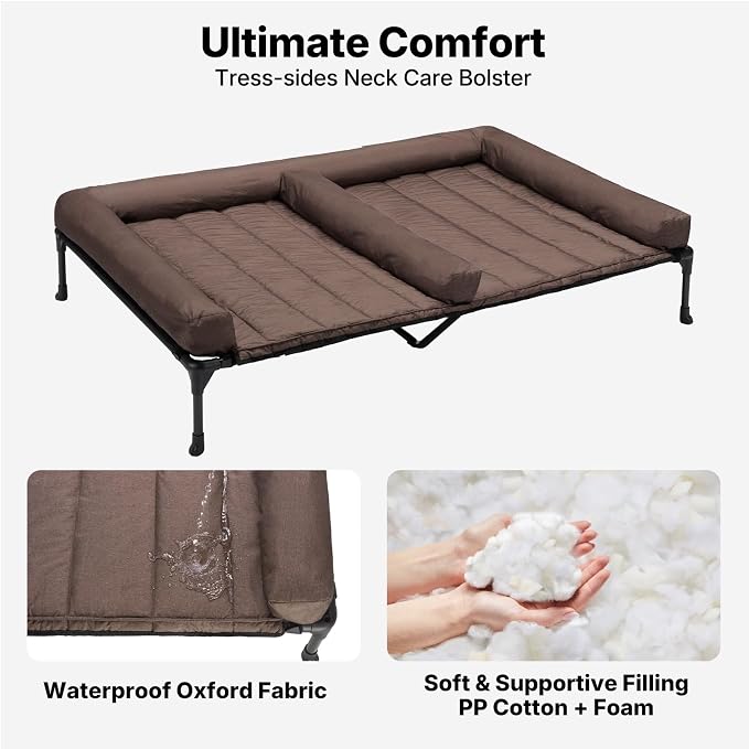 Veehoo Elevated Dog Bed for Two Dogs, Cooling Raised Dog Bed with Removable Waterproof Bolster Mat, 53" x 37.5" Double Dog Bed, Outdoor & Indoor Pet Cot with Breathable Mesh, Non-Slip Feet, Brown - Image 3