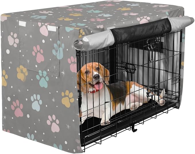 Dog Crate Cover Kennel Cover for Dog Cages Breathable for Wire Cage Indoor Outdoor Grey Paw Print Dots Stars - Image 2