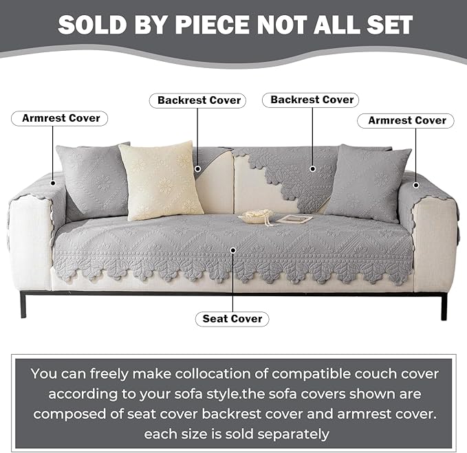 Cotton Quilted Dog Couch Cover for Sofa Farmhouse Rustic Embroidery Sectional Couch Cover Soft Anti-Slip Sofa Slipcover Furniture Protector for Kids, Pets (Grey,43"x43") - Image 2