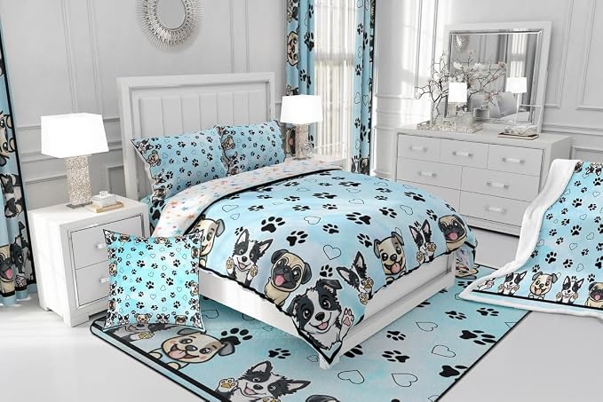 Manfei Cute Dog Paw Comforter Set Queen Size 3 Pcs,Kawaii Dogs Footprint Love Hearts Bedding Set,Cartoon Puppy Pet Animal Lover Blue Quilt Set for Young Adults,2 Pillowcases - Image 6