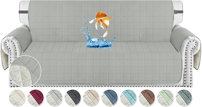 MAXIJIN Waterproof Couch Covers for 3 Cushion Couch Sofa Pet Friendly, 69" Quilted Sofa Covers Washable Dog Couch Cover Protector with Elastic Strap & Side Pocket (Sofa, Light Gray) by MAXIJIN