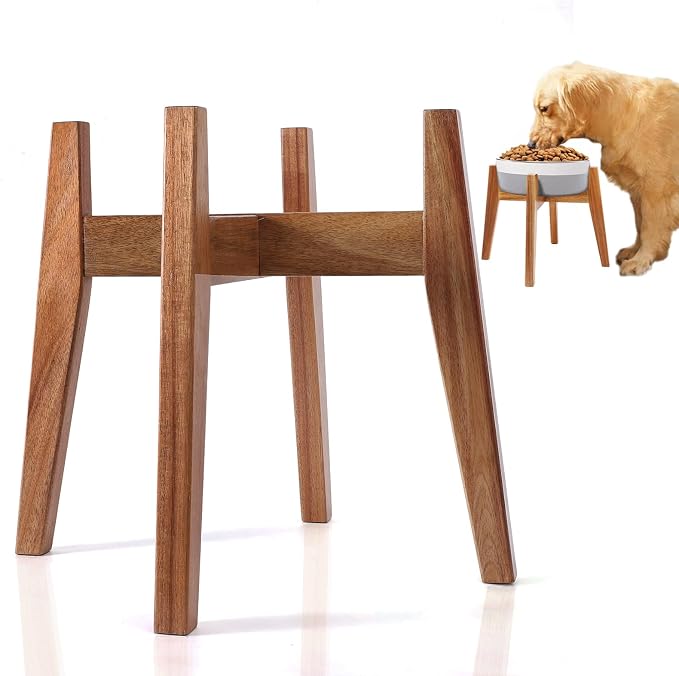 Elevated Dog Bowl Stand, Xlarge Raised Dog Bowl Station for Large Breed Pets, Dog Bowl Holder Fits Up to 11-inches Diameter 100 oz Bowl, for Water Fountain and Dishes, Acacia Wooden, Stand Only by RainbleLand