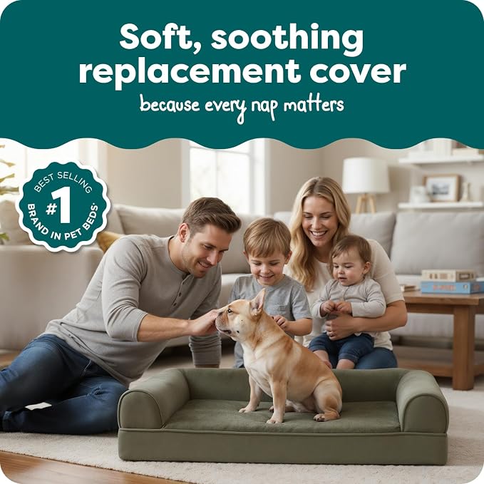 Furhaven Replacement Dog Bed Cover Faux Fur & Velvet Sofa-Style, Machine Washable - Dark Sage, Medium - Image 2