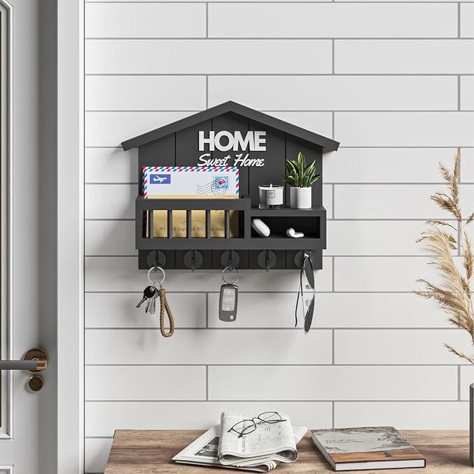 Key and Mail Holder for Wall, Wall Key Holder with Shelf, Home Key Holder for Wall, Wood Black Key Holder Wall Mount, Mail Organizer Wall Mounted, Entryway & Front Door Key Holder with 5 Hooks - Image 2