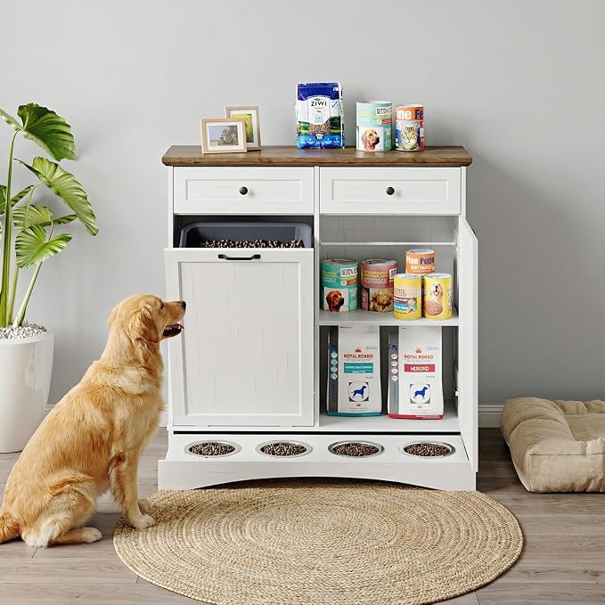 39.7’’W Dog Feeding Station, Tilt-Out Dog Food Cabinet for Multi-Pets, Pet Feeder Station with 4 Feeding Bowls, Dog & Cat Storage Organizer with Hanging Rod, (White, Dual Doors) - Image 6