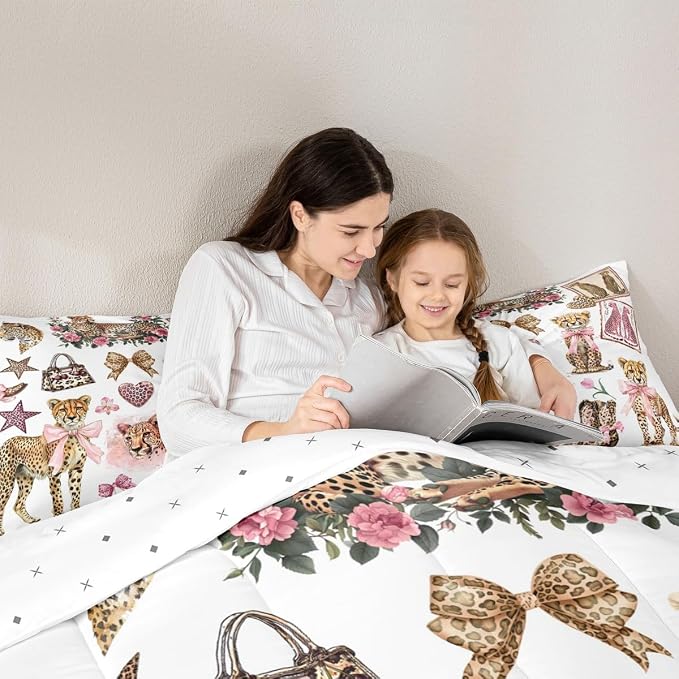 Manfei Cartoon Cheetah Boots Comforter Set Full Size,Girly Bow Cute Bedding Set for Kids Girls Boys Room Decor,Modern Fashion Leopard Soft Duvet Insert for All Season,2 Pillowcase,Pink White Brown - Image 4
