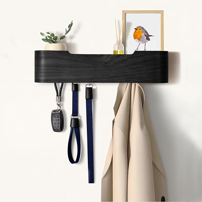 Coat Rack Wall Mount with Hidden Hooks, Wall Hooks with Shelf, Wall Key Holder Mount Wooden Shelf Entryway Hooks for Bedroom Bathroom for Hanging Coats Hats Bags Towels (Black, 4 Hooks) by Nevsokio