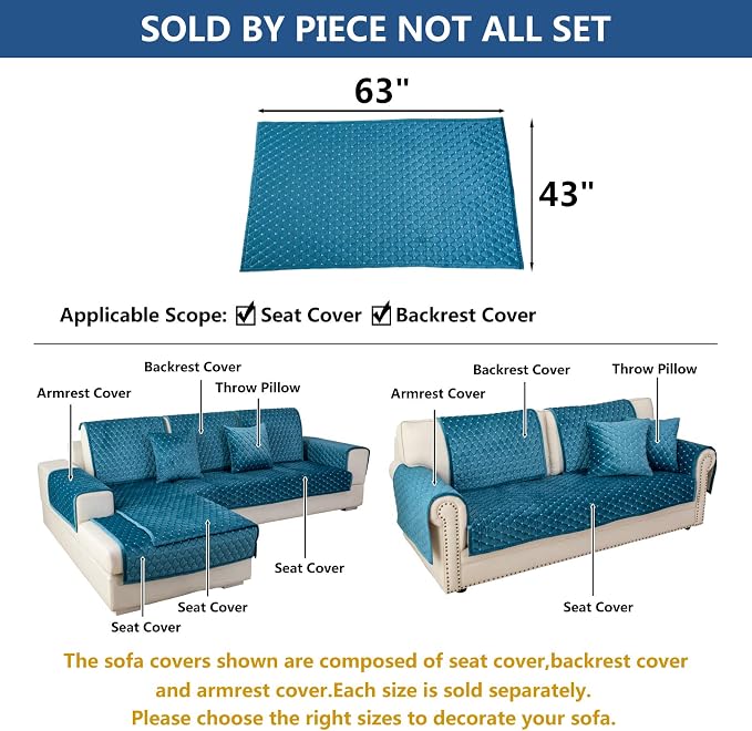 Eismodra Couch Cover,Sectional Couch Covers,Sofa Covers for 3 Cushion Couch,Anti-Slip Sofa Slipcovers for Dogs Cats Kids Loveseat Recliner L Shaped Armrest Backrest,Blue 43''x63''(Only 1 Piece) - Image 5