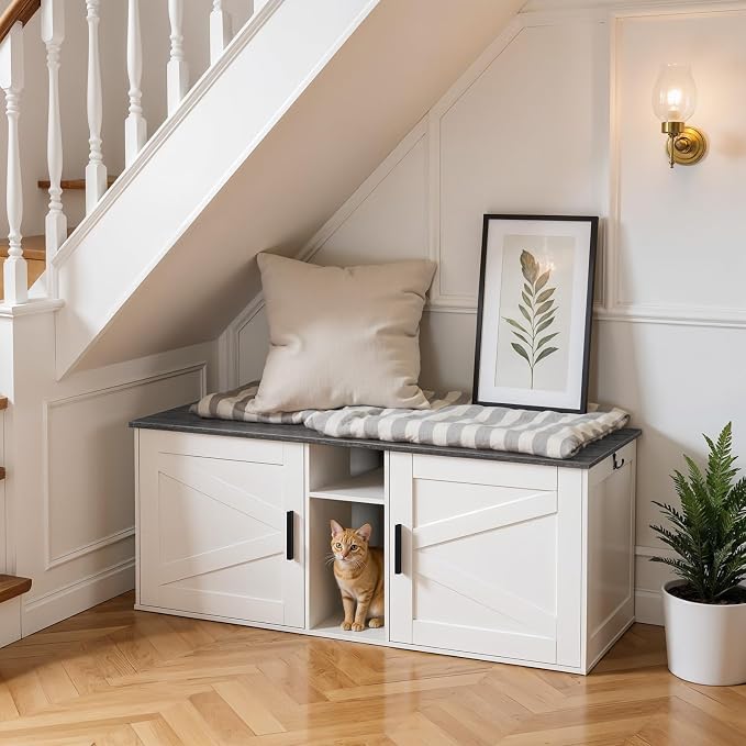 HOOBRO Double Litter Box Enclosure, Modern Cat Litter Box Furniture with Storage and Mat Design, Farmhouse Hidden Litter Box Enclosure with 2 Hooks, White and Charcoal Gray BW23MW01 - Image 3