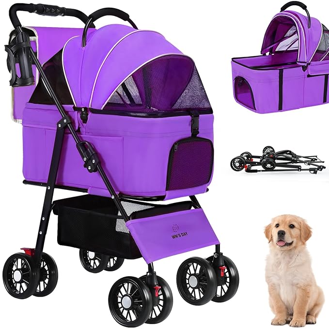3 in 1 Pet Dog Stroller for Small Medium Dogs 10-50 lbs, Foldable Cat-Strollers for 2-Cats with Removable Carrier, Pet-Strollers for Cats with Storage Bag, Small Puppy-Stroller, Dog-Cart (Purple)