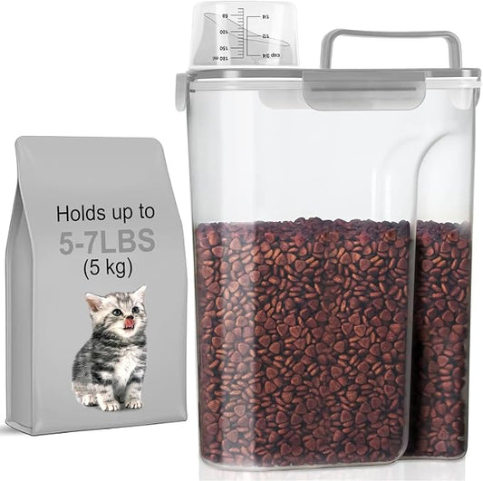 LEAWALK 5-7Lbs/6Qt Dog Cat Storage Container Portable with Upgraded Large Spout and Cup, Plastic Pet Food Dispenser for Small Animal Kibble, Bird Seed, Oatmeal, Rice, Flour, Brown Sugart- Clear Gray by LEAWALK