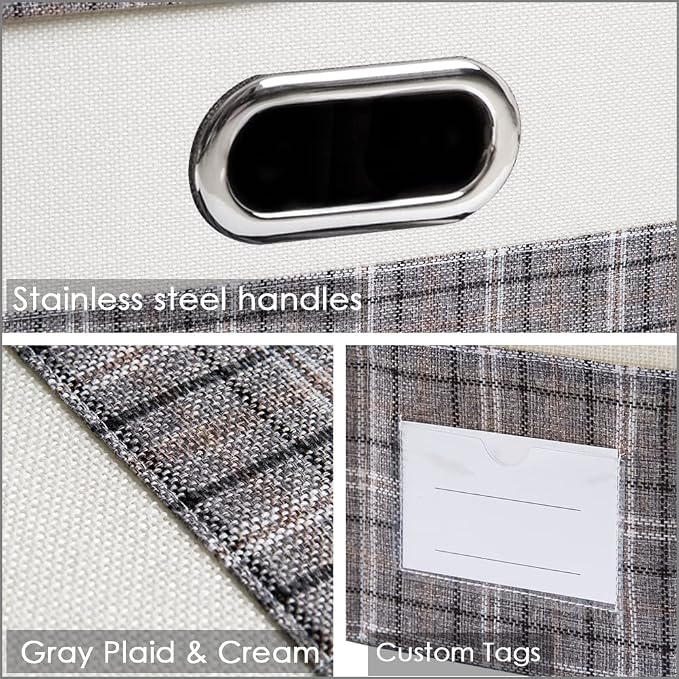 PRANDOM Large Collapsible Storage Bins with Lids [3-Pack] Fabric Foldable Storage Boxes Organizer Containers Baskets Cube with Cover for Home Bedroom Closet Office Gray plaid & Cream(17.7x11.8x11.8) - Image 5
