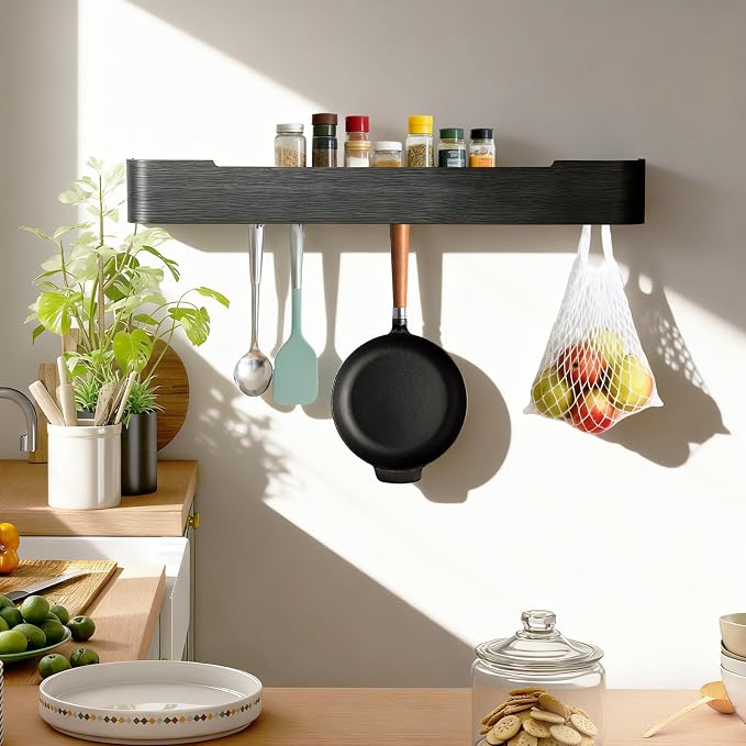 Coat Rack Wall Mount with Shelf Entryway Shelf Modern Key Holder Hanger Wall Shelves with Hidden Hooks for Hanging Towels Coats Hats Bags for Hallway Bathroom Bedroom(Black, 8 Hooks) - Image 7