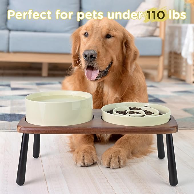 SPUNKYJUNKY Ceramic Elevated Dog Bowls with Slow Feeder Raised Acacia Bamboo Wooden Stand, 8.3'' Dog Food Water Bowls Set Non-Slip for Medium Large Sized Breed Microwave Dishwasher Safe - Beige - Image 7