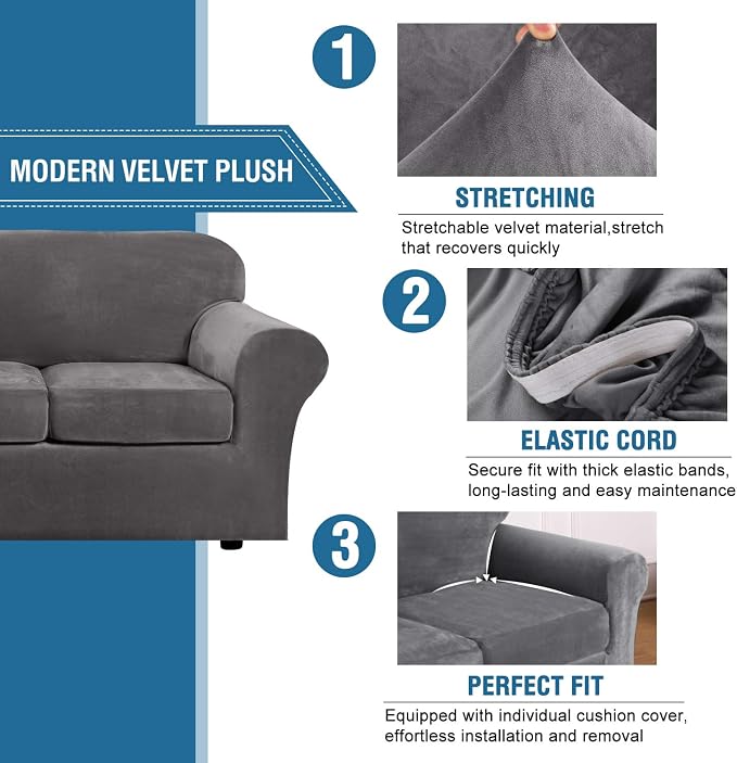 H.VERSAILTEX Real Velvet Plush 3 Piece Stretch Sofa Covers Couch Covers for 2 Cushion Couch Loveseat Covers Width Up to 72 Inch Feature Thick Soft Stay in Place (Medium Sofa, Grey) - Image 3