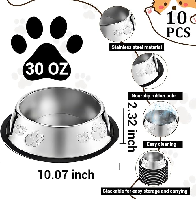 10 Pcs Stainless Steel Dog Bowl Pet Feeding Bowl with Rubber Base Non-Slip Pet Dishes Metal Dog Bowls Pet Food and Water Bowls for Small Medium Animals Kitten Rabbit (30 oz) - Image 2