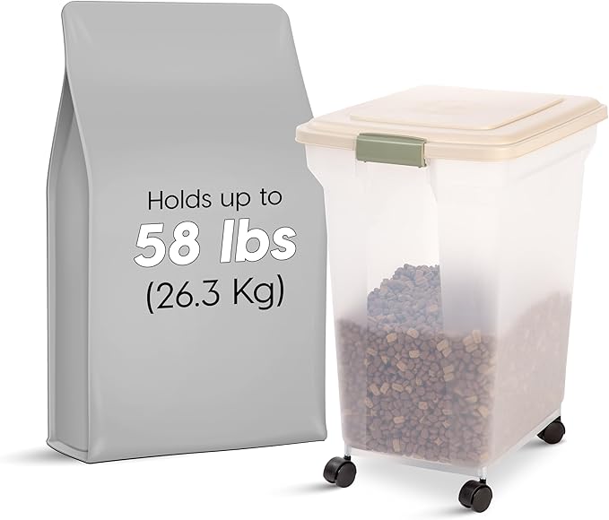 IRIS USA Dog Food Storage Container 58 lbs, Attachable Wheels, for Dog Cat Birds and other Pets, Food Storage Bin, Keep Fresh, Easy Mobility, BPA Free - Made in the USA, Almond/Clear - Image 2