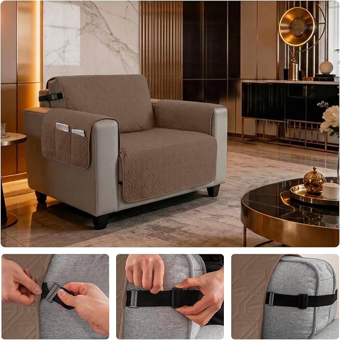 100% Waterproof Quilted Couch Cover,Straps&Pockets,23" Darkbrown | Washable sofa cover, pet-friendly, scratch-resistant furniture protector, quilted sofa cover, reversible, non-slip backing. - Image 6