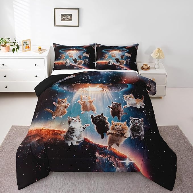 Feelyou Outer Space Cat Bedding Set Galaxy Nebula Pet Decorative Comforter Gorgeous Lovely Animals Quilt Set Twin Size 2Pcs - Image 6