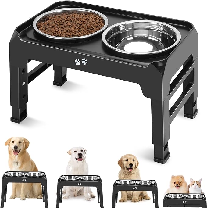 COMESOON Elevated Dog Bowls, 4 Height Adjustable Raised Bowl Stand with 2 Thick 50oz Stainless Steel Food Bowls Non-Slip Feeder Adjusts to 3.7'', 9.2'', 10.75'', 12.36'' Black, (DB-W01) by COMESOON