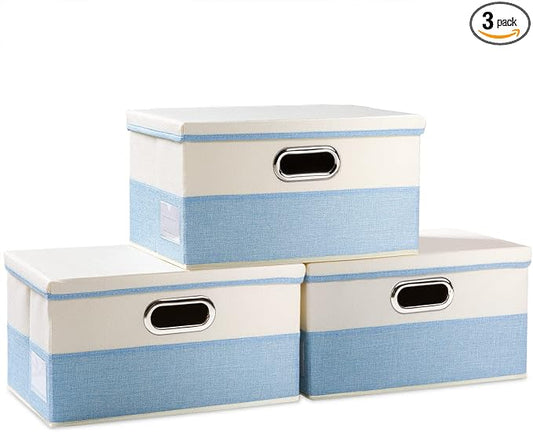 PRANDOM Collapsible Storage Bin with Lid [3-Pack] Fabric Foldable Storage Box Organizer Container Basket Cube with Cover for Home Bedroom Closet Office Nursery Blue&Cream(14.9x9.8x9.8) by Prandom